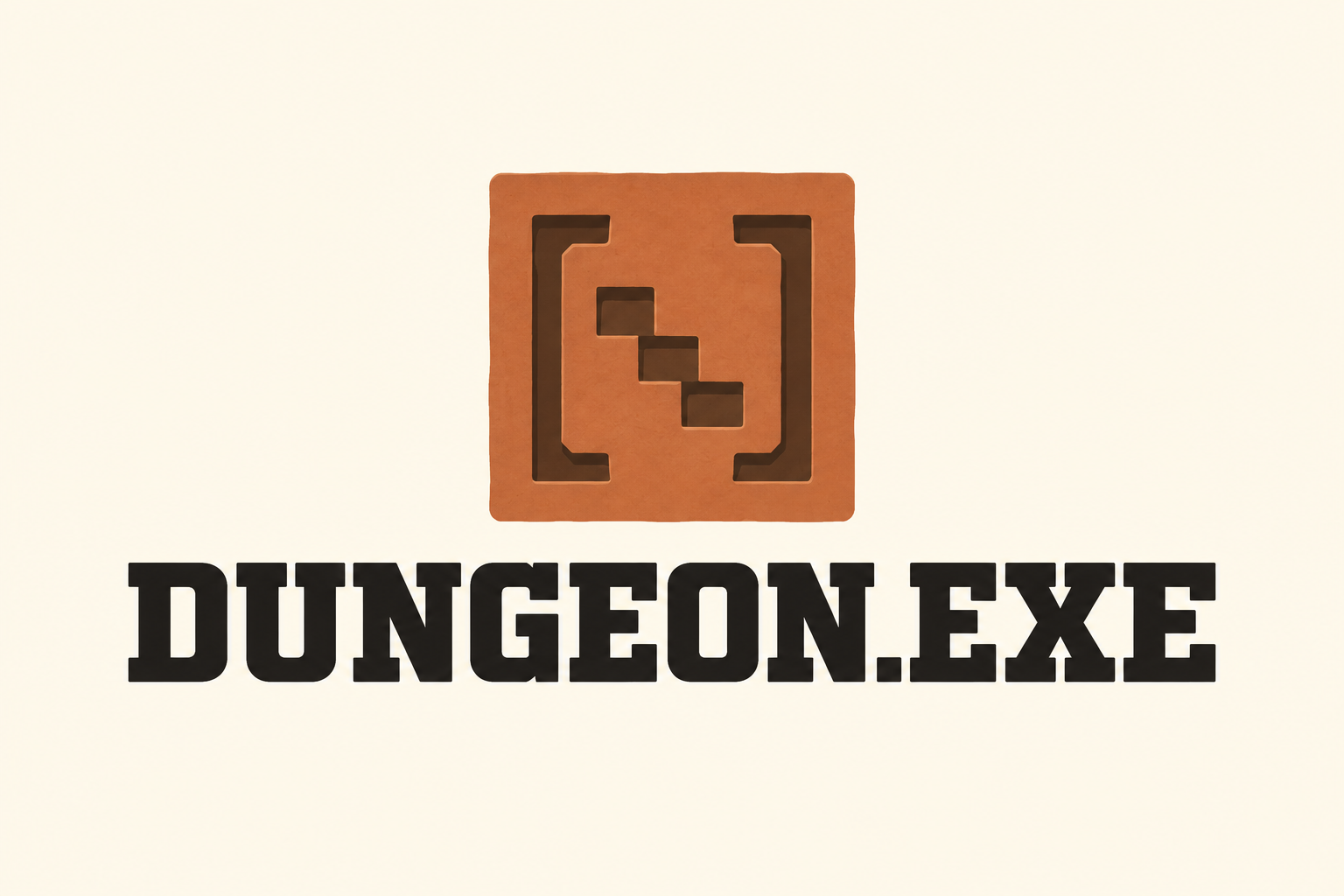 Logo DUNGEON.EXE: terakotowa pieczęć kafelka z nawiasami i schodami oraz masywny czarny napis na jasnym tle.