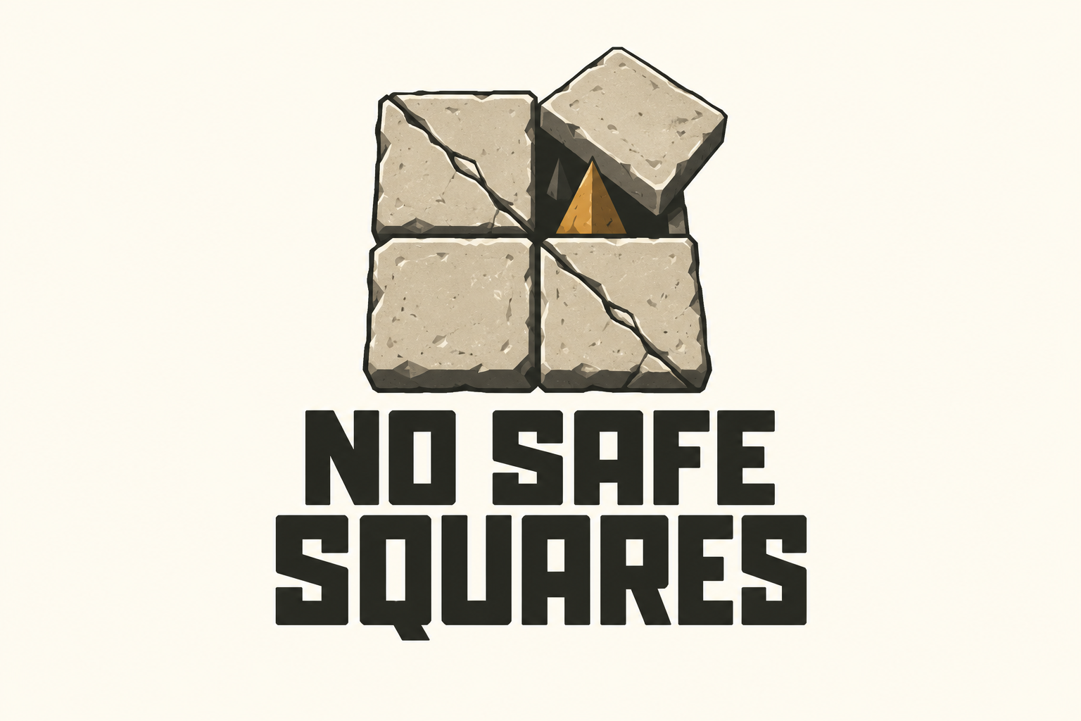 Logo No Safe Squares: cztery pęknięte kamienne płytki, jedna uniesiona nad złotą pułapką, oraz gruby czarny napis na jasnym tle.