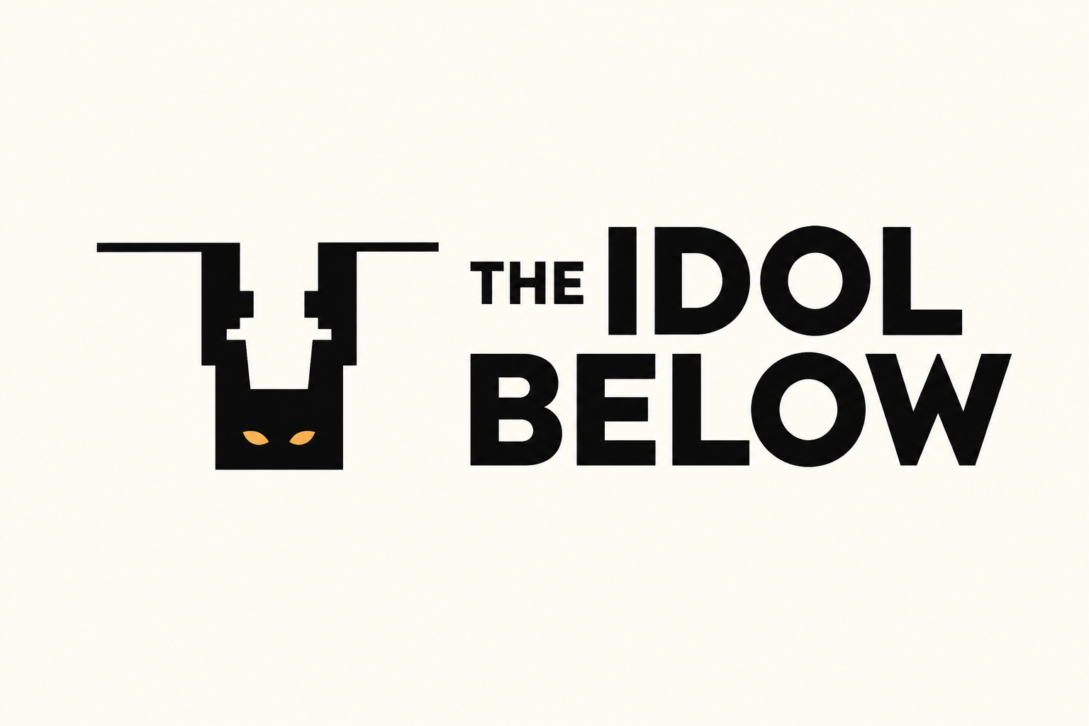 Logo The Idol Below z prostokątnym szybem i złotymi oczami ukrytymi pod linią ziemi, na jasnym tle.