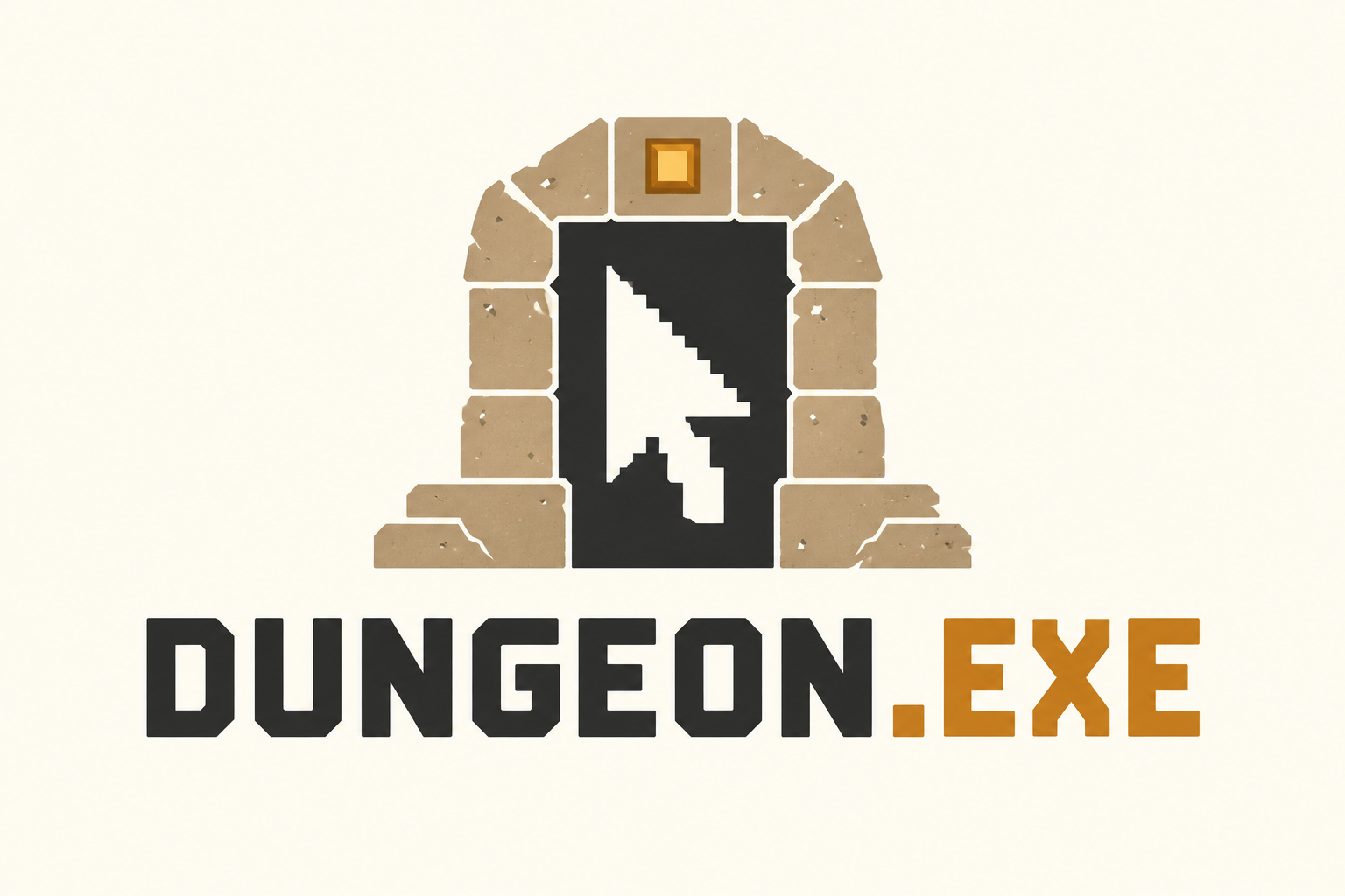 Logo DUNGEON.EXE: piaskowcowa brama z kursorem w prześwicie, czarny napis i bursztynowa końcówka EXE na jasnym tle.