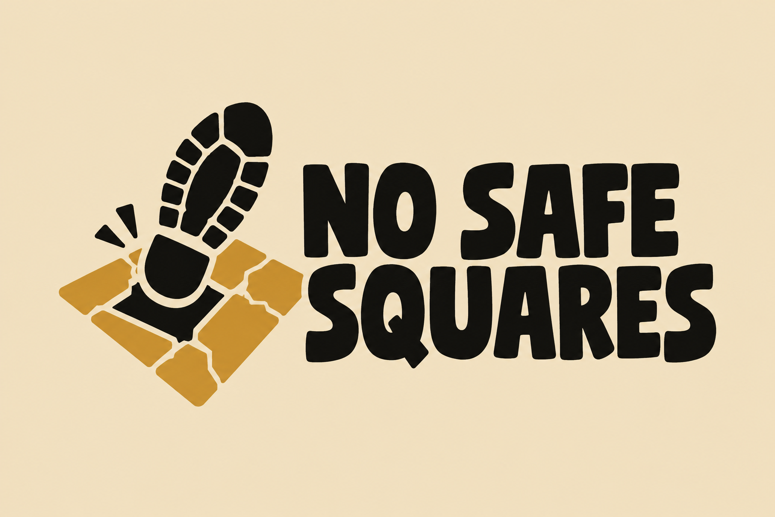 Logo No Safe Squares z czarnym śladem buta na pękniętej kwadratowej płycie i dużym czarnym napisem na piaskowym tle.