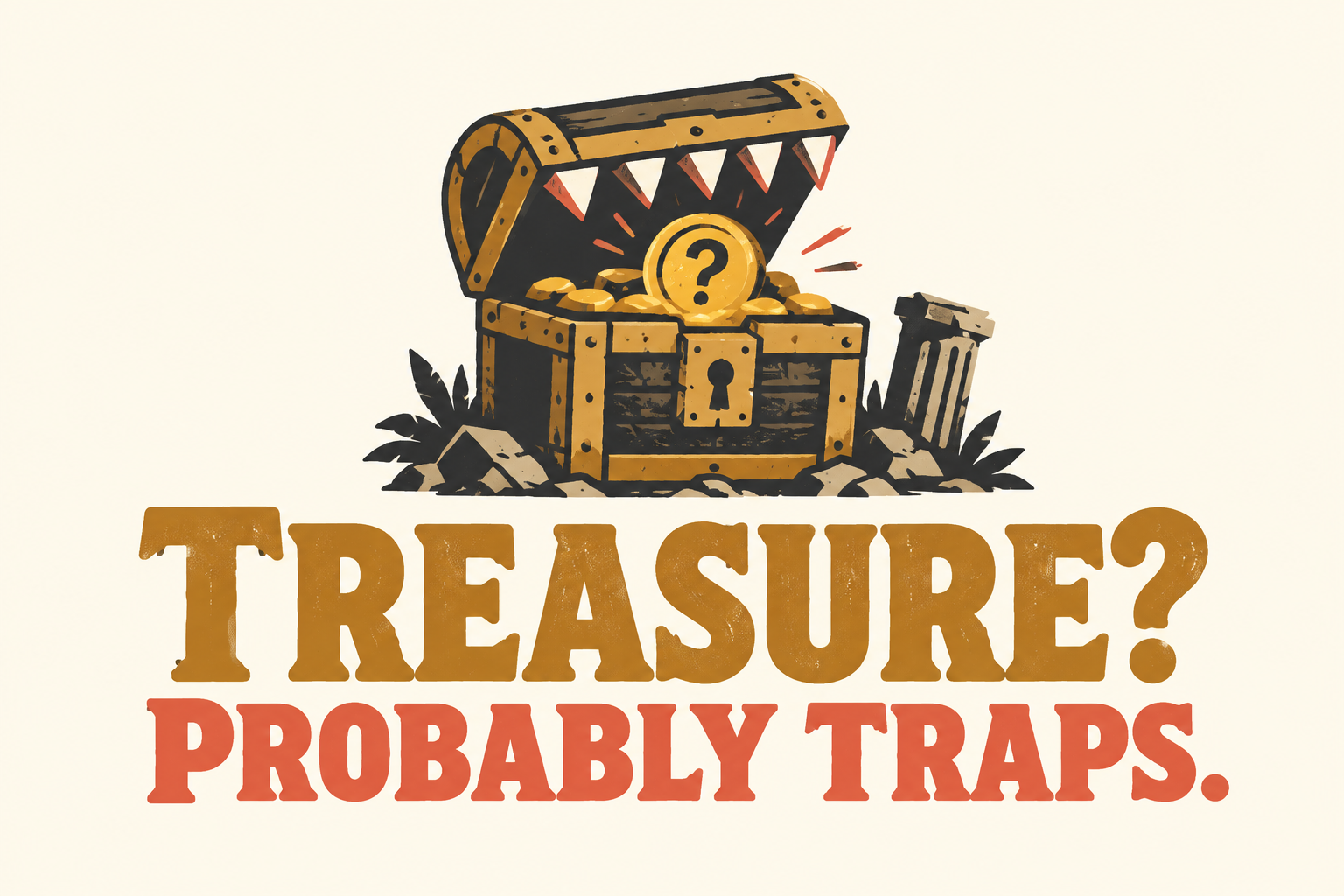 Ochrowo-koralowy napis Treasure? Probably Traps. ze skrzynią o zębatym wieku i monetą ze znakiem zapytania.
