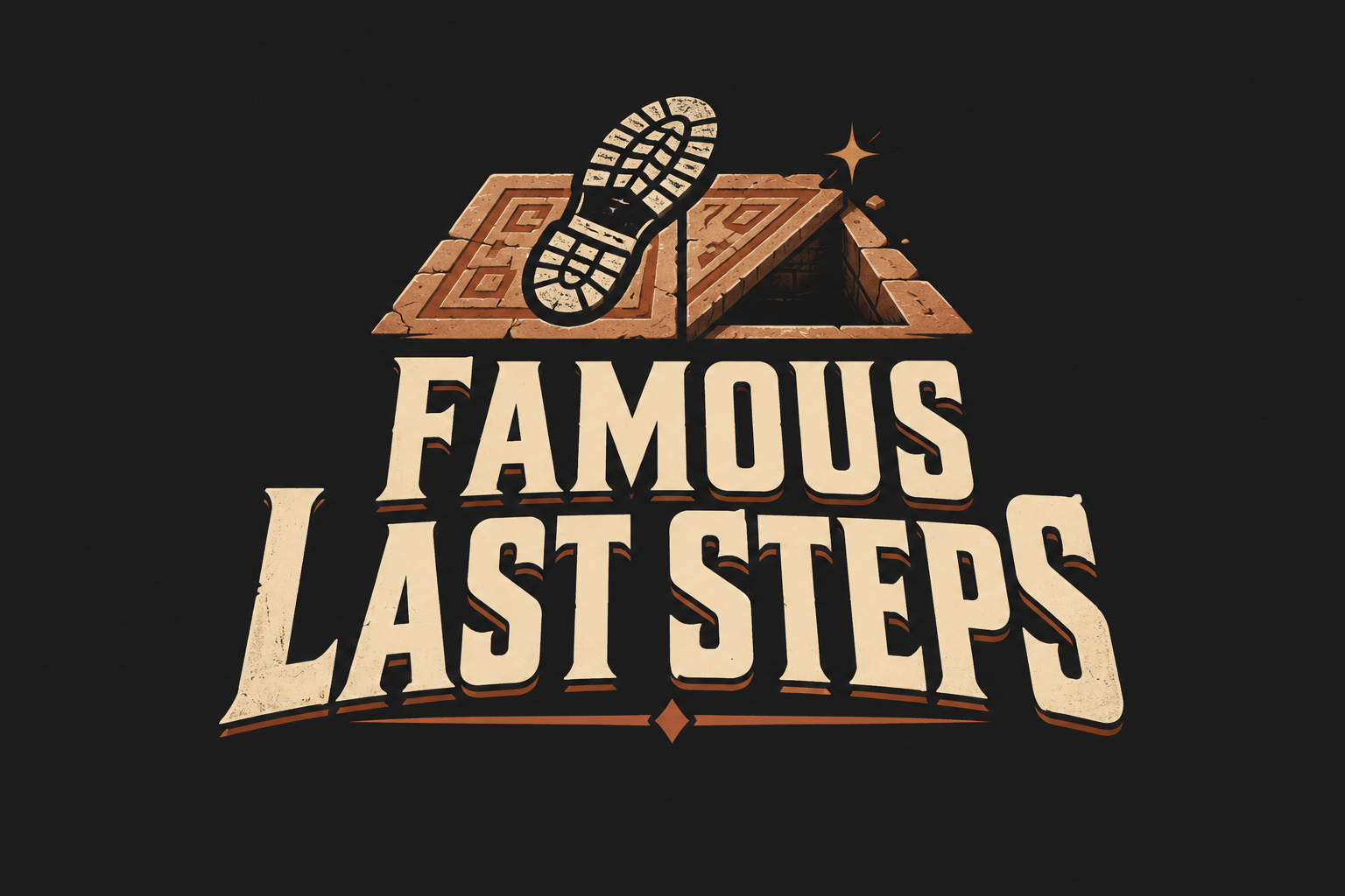 Kremowy napis Famous Last Steps na grafitowym tle; nad nim odcisk buta, miedziane płyty i otwarta zapadnia.