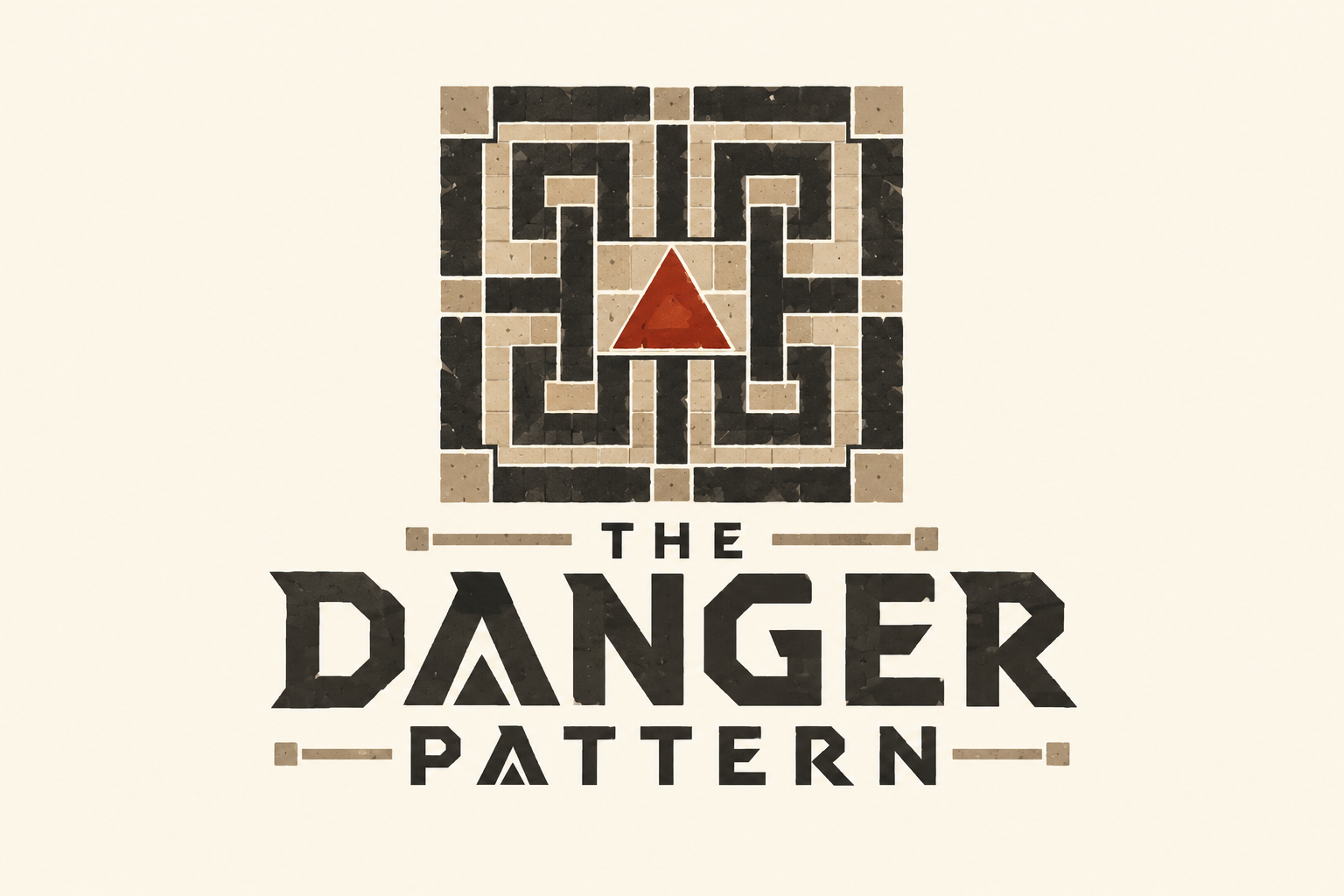 Logo The Danger Pattern: geometryczny kamienny labirynt z czerwonym trójkątem pułapki nad mocnym czarnym napisem.