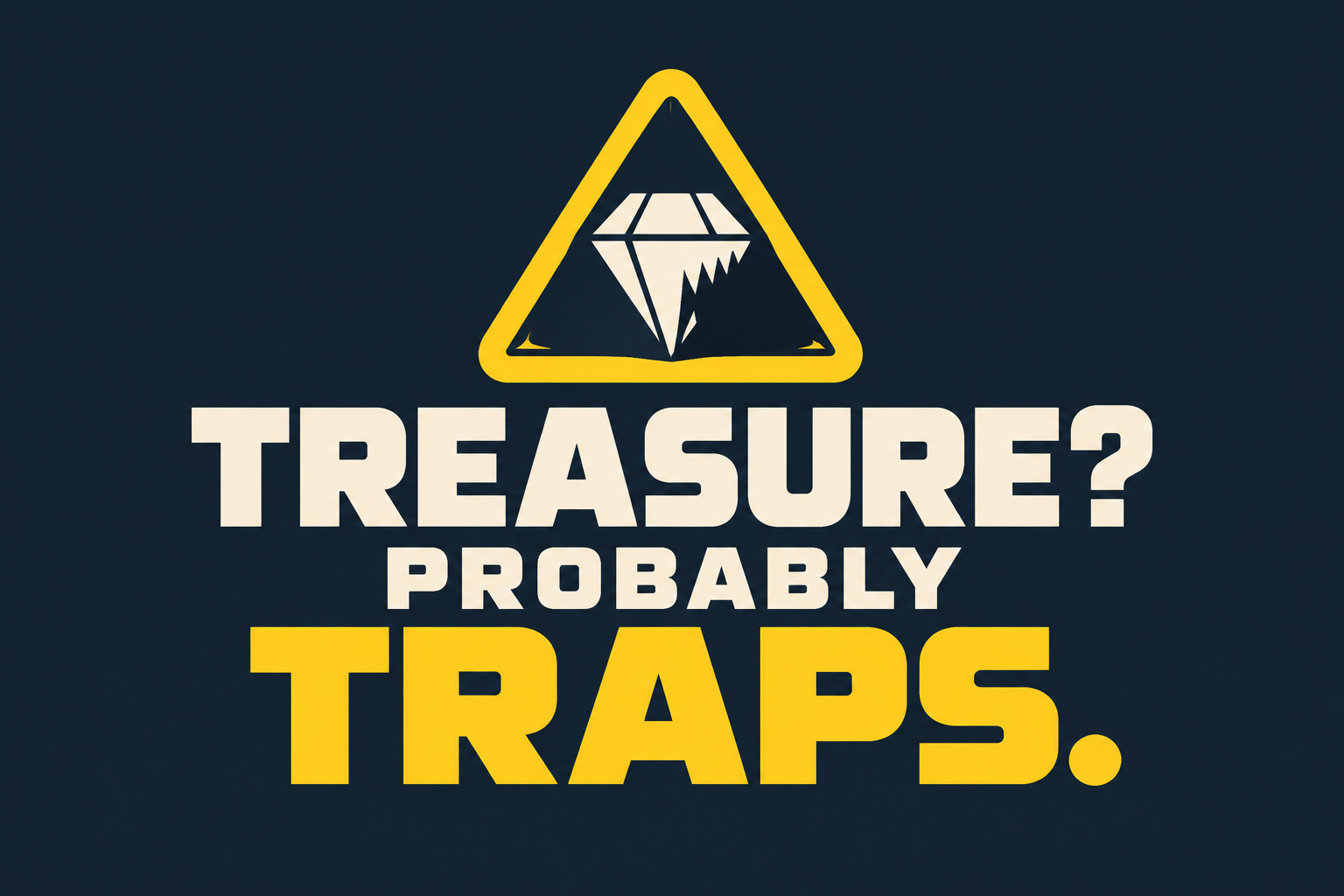 Logo Treasure? Probably Traps. z kremowymi i żółtymi literami oraz diamentem w trójkącie ostrzegawczym na ciemnym tle.