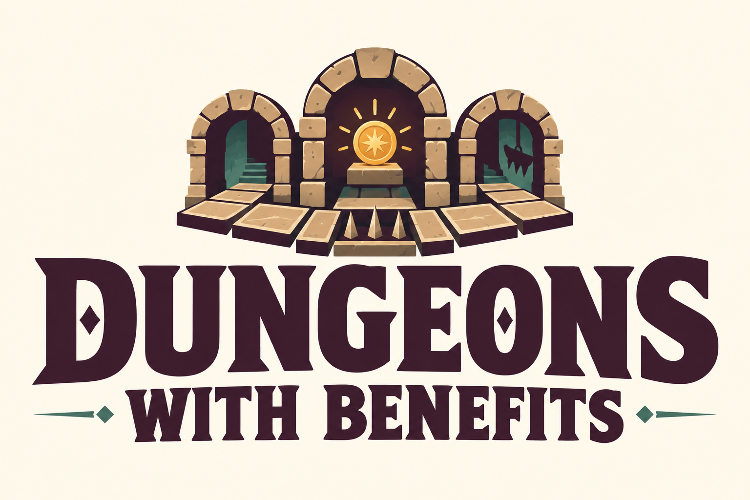Robocze logo Dungeons With Benefits: śliwkowy napis w liczbie mnogiej, trzy kamienne wejścia, kafle z kolcami i złota moneta.