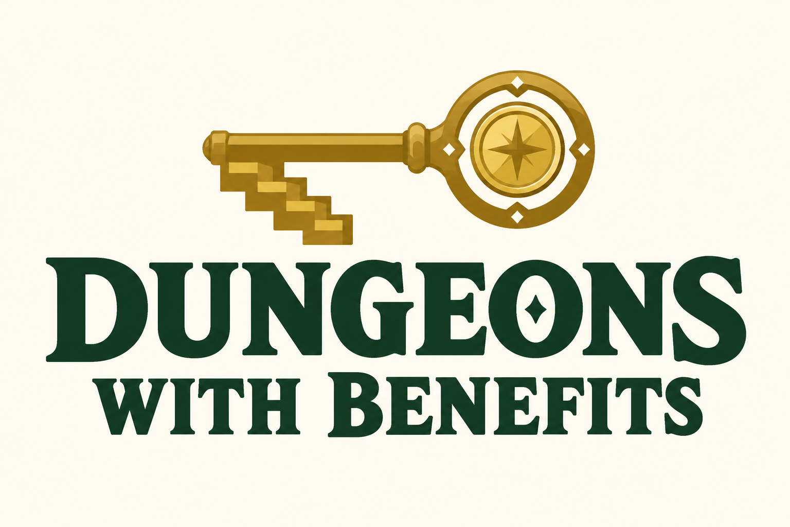 Logo Dungeons With Benefits z dużym ciemnozielonym napisem i złotym kluczem o zębach w kształcie schodów.