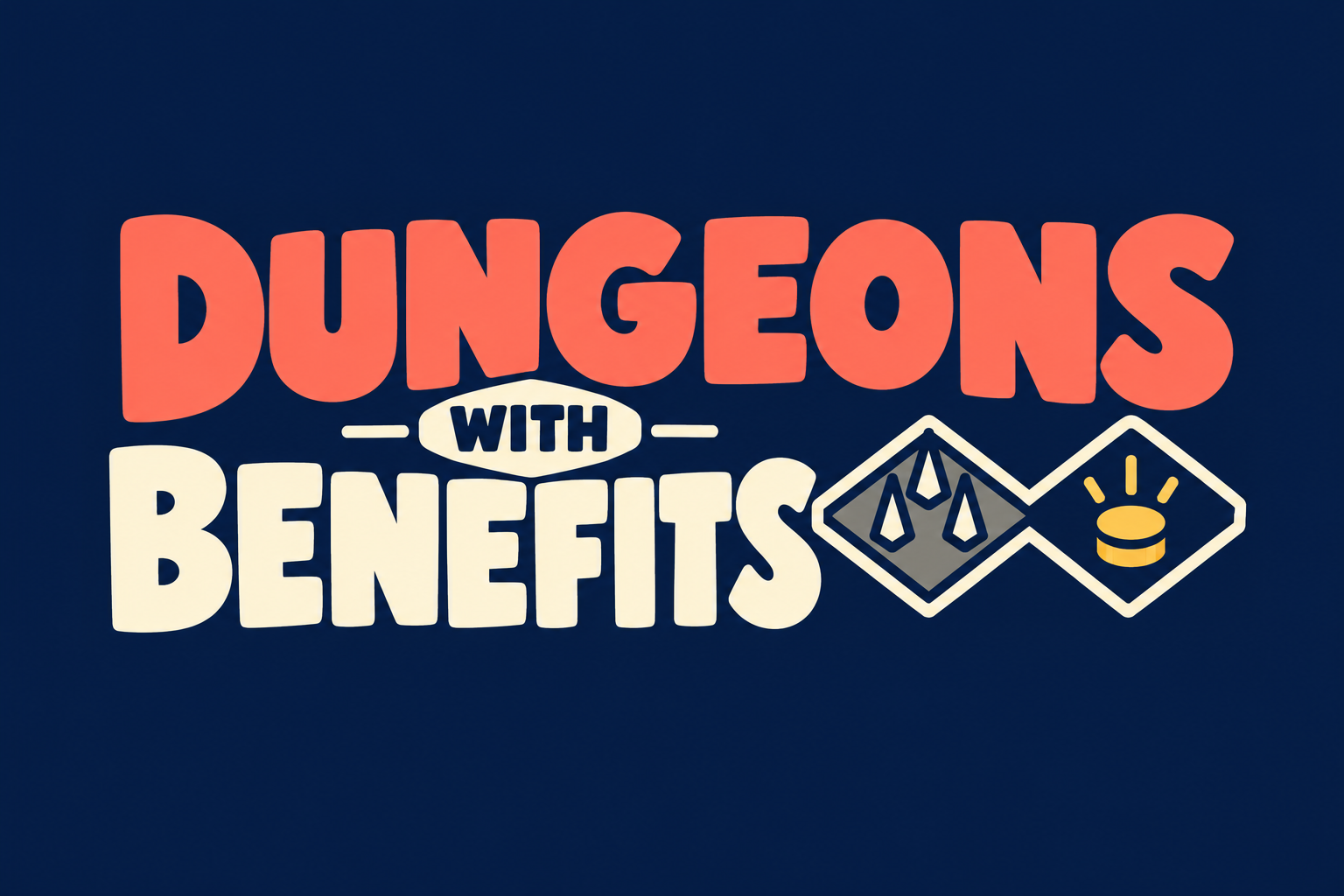 Logo Dungeons With Benefits z szerokimi koralowymi literami i symbolem dwóch kafli: kolców oraz nagrody.