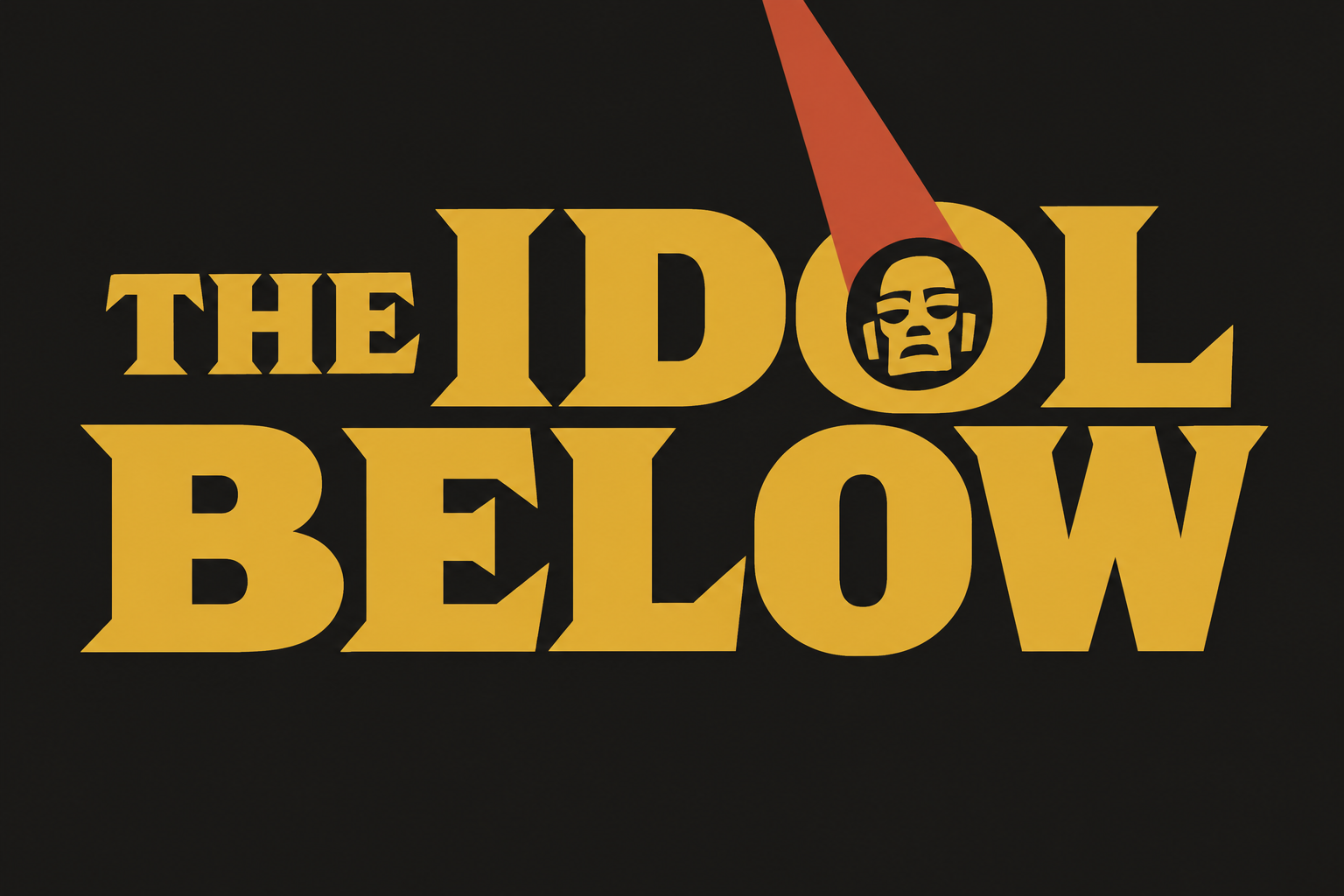 Logo The Idol Below z czerwonym promieniem światła, który odsłania złotą maskę w literze O, na grafitowym tle.