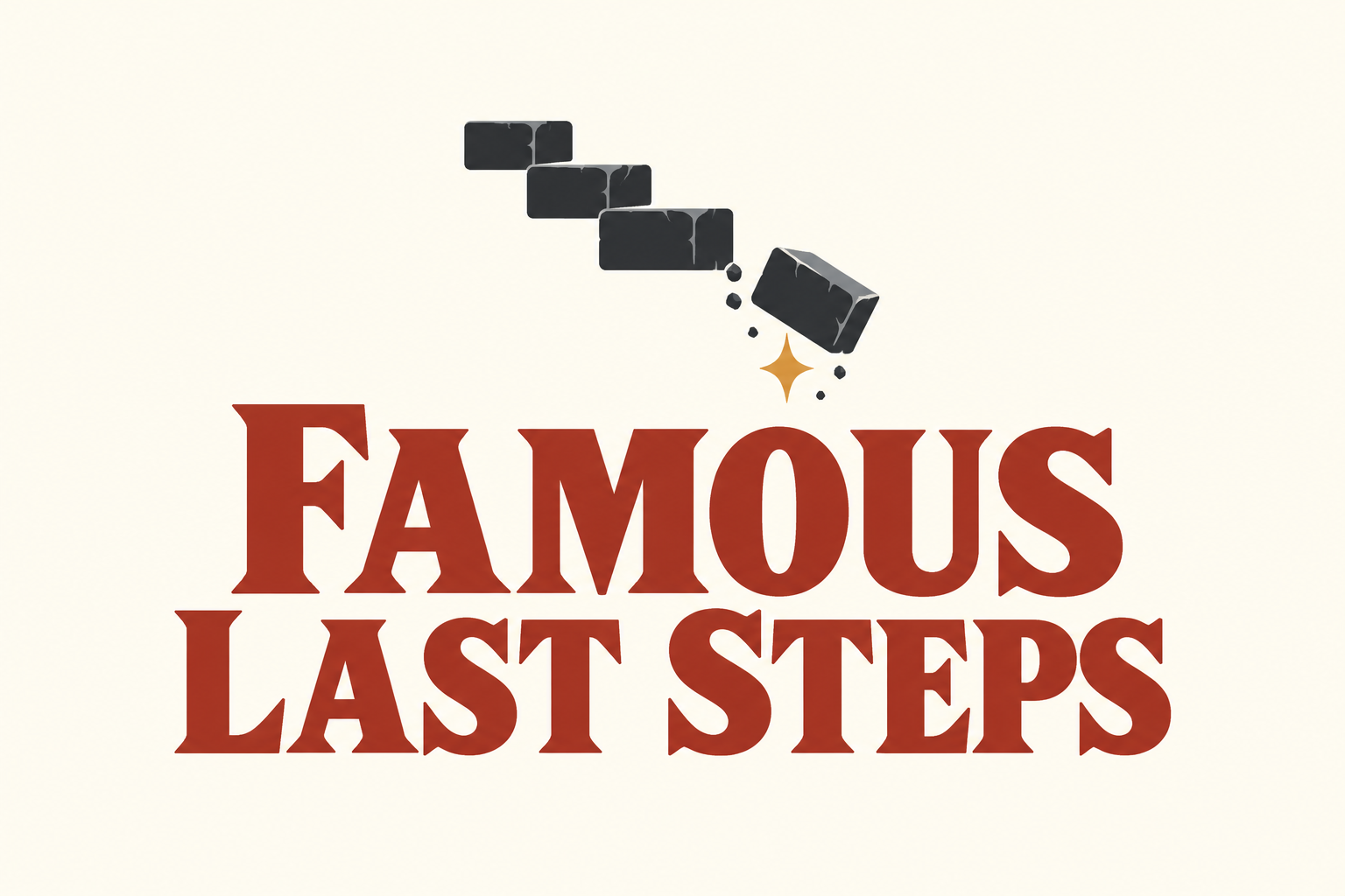 Logo Famous Last Steps z ceglanym napisem i uproszczonymi schodami, których ostatni stopień odrywa się w dół.