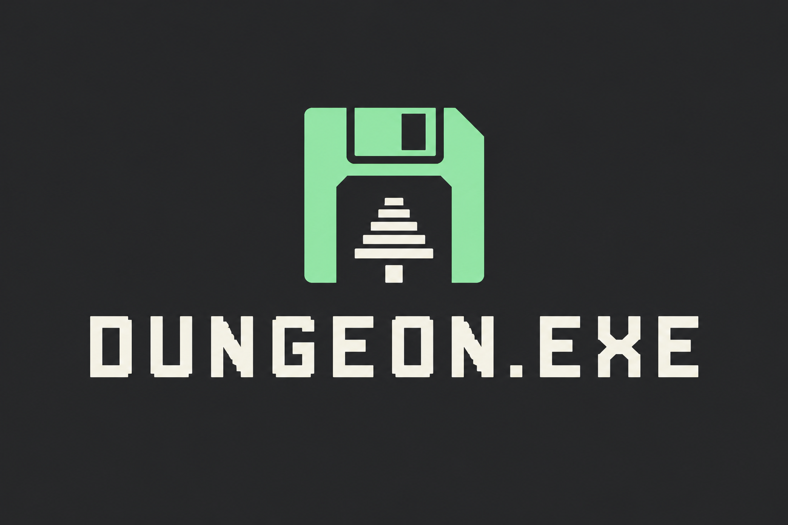 Logo DUNGEON.EXE: zielony znak dyskietki z wejściem do lochu i czytelny techniczny napis na grafitowym tle.