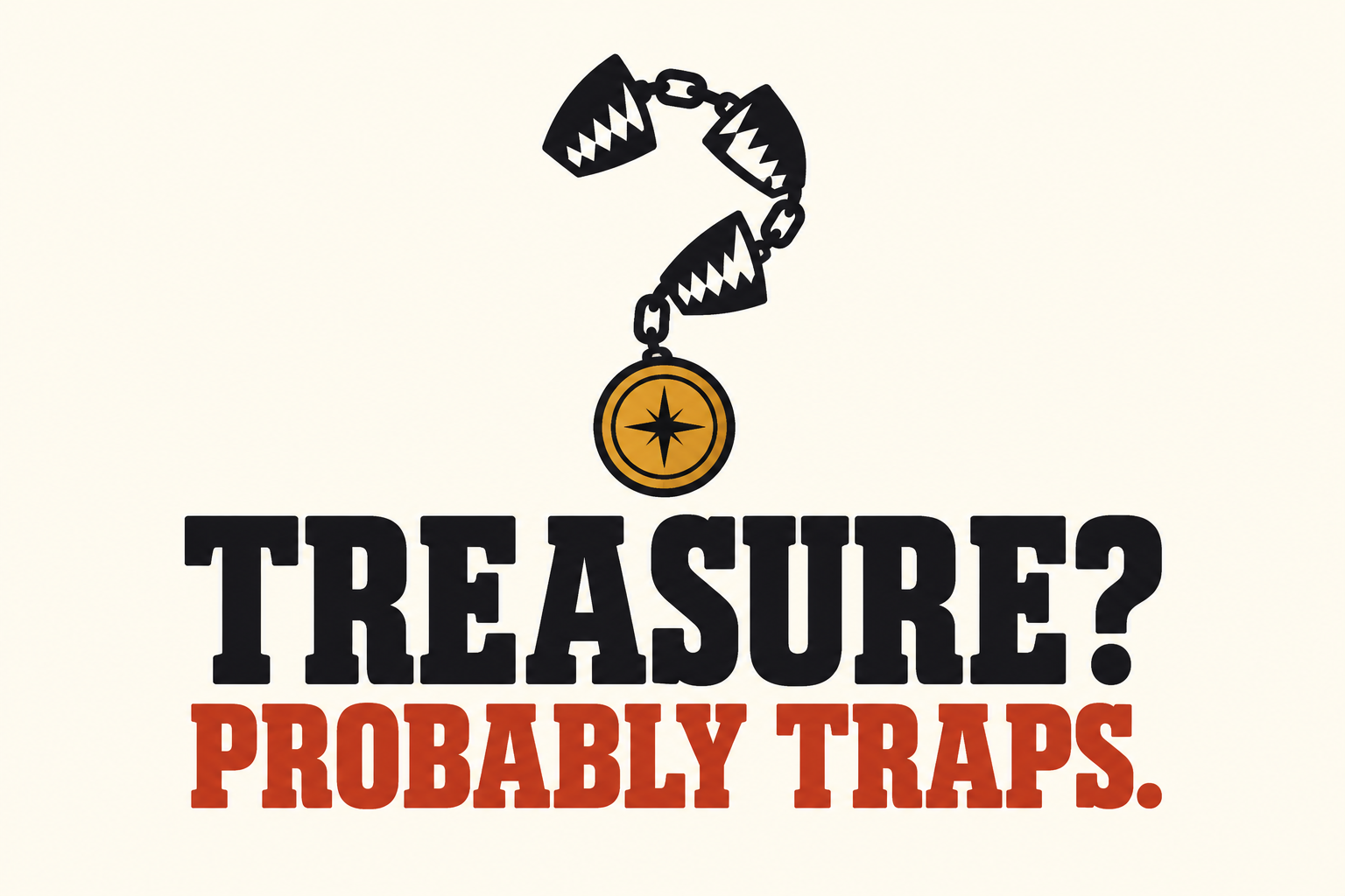 Logo Treasure? Probably Traps. z łańcuchem zębatych pułapek i bursztynową monetą, tworzącymi znak zapytania.