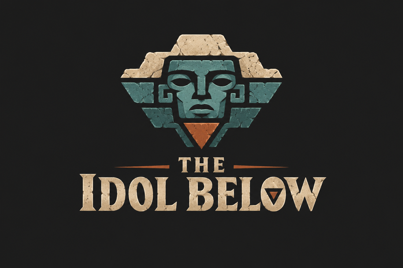 Kamienny idol w turkusie pod warstwami piaskowca, nad jasnym napisem The Idol Below na grafitowym tle.