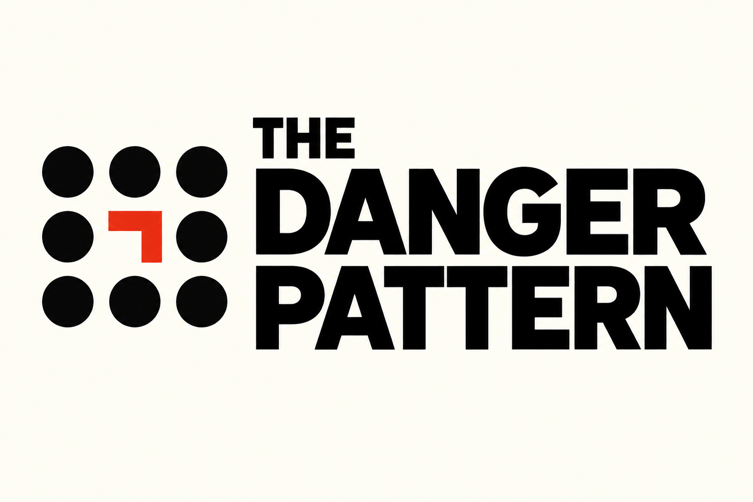 Logo The Danger Pattern z układem czarnych kropek i jednym czerwonym przerwanym modułem nad czytelnym tytułem.